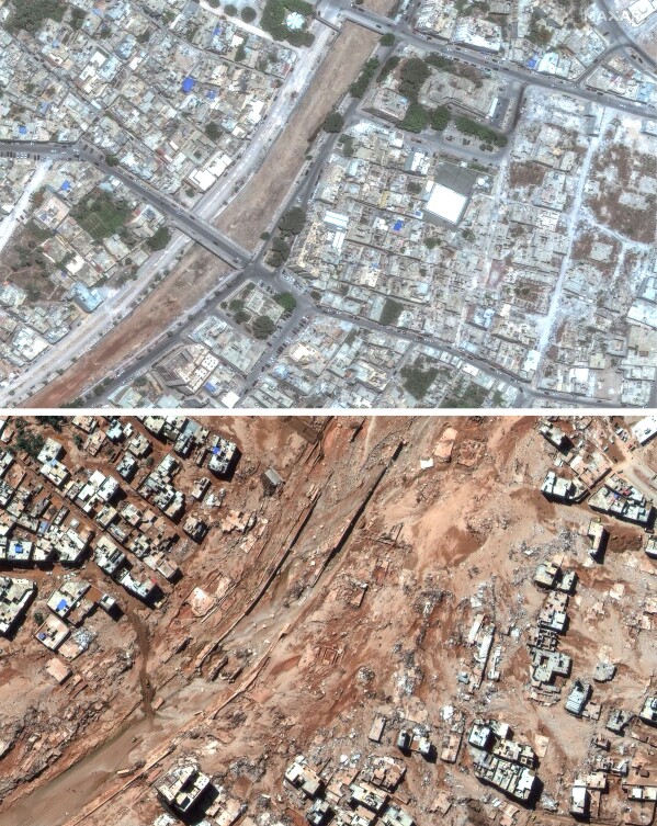 This combination of satellite images from Maxar Technologies shows a neighborhood of Derna, Libya, on July 1, 2023, top, and the same flood damaged area on Wednesday, Sept. 13, 2023. (Satellite image ©2023 Maxar Technologies via AP)