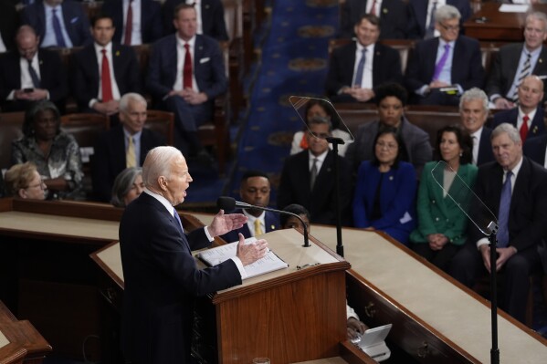 President Joe Biden delivers his State of the Union address to a joint session of Congress, at the Capitol in Washington, Thursday, March 7, 2024. (AP Photo/J. Scott Applewhite)