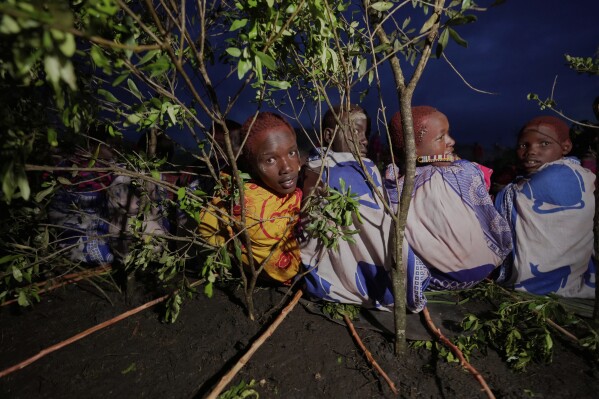 Children of the Maasai tribe sit down in a circle, during the Enkipaata ceremony, a Maasai male rite of passage, specifically the initiation of boys, marking the transition from childhood to becoming a moran (warrior) in Olaimutiai, Narok County, Kenya Wednesday, April 23, 2024. (AP Photo/Brian Inganga)