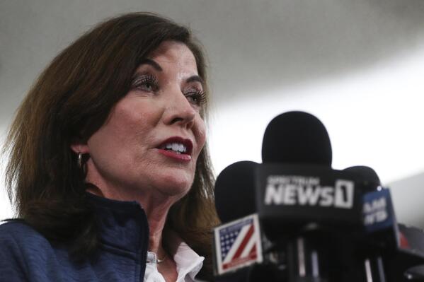 New York Gov. Kathy Hochul speaks at a news conference after a shooting at a supermarket on Saturday, May 14, 2022, in Buffalo, N.Y. (AP Photo/Joshua Bessex)