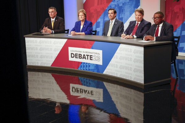 John Schroder, Sharon Hewitt, Stephen Waguespack, Hunter Lundy and Shawn Wilson take part in the first televised debate of the Louisiana governor's race in New Orleans, Thursday, Sept. 7, 2023. (Sophia Germer/The Times-Picayune/The New Orleans Advocate via AP, Pool)