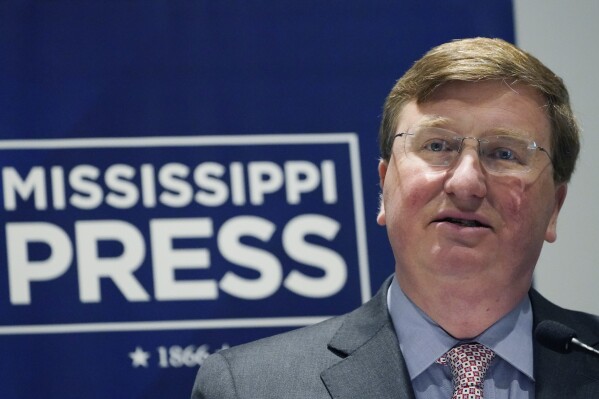 Mississippi Republican Gov. Tate Reeves speaks to his reelection platform before attendees of the Mississippi Press Association annual meeting in Flowood, Miss., Friday, June 16, 2023. (AP Photo/Rogelio V. Solis)