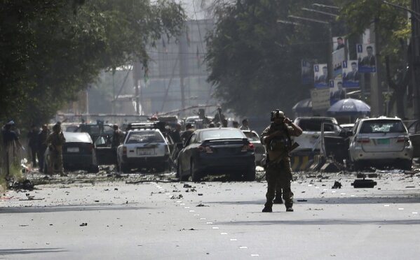 Afghan security personnel arrive at the site of car bomb explosion in Kabul, Afghanistan, Thursday, Sept. 5, 2019. A car bomb rocked the Afghan capital on Thursday and smoke rose from a part of eastern Kabul near a neighborhood housing the U.S. Embassy, the NATO Resolute Support mission and other diplomatic missions. (AP Photo/Rahmat Gul)