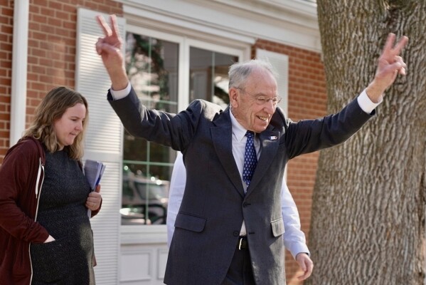 Sen. Chuck Grassley left a contentious town hall event in Northwood, Iowa on Wednesday, April 23, 2025. (AP photo/Mark Vancleave)