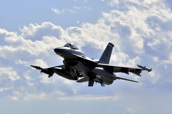 This image provided by the U.S. Air Force, a F-16 Fighting Falcon from the 510th Fighter Squadron takes off during Red Flag 24-1 at Nellis Air Force Base, Nevada, on Jan 25, 2024. U.S. senators declined on Thursday, Feb. 29, to block the sale of F-16s to Turkey, despite voicing deep disdain for Turkey's conduct as an ally. They were upholding an unofficial bargain that Turks would get the fighter jets if they stopped blocking Sweden's accession to NATO. (Staff Sgt. Heather Ley/U.S. Air Force via AP)