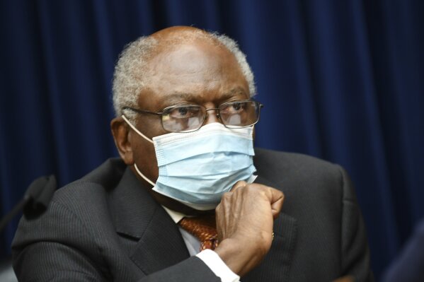 FILE - In this Sept. 23, 2020 file photo, Committee Chairman Rep. Jim Clyburn, D-S.C., during a House Select Subcommittee on the Coronavirus Crisis hearing on Capitol Hill in Washington. Trump administration political appointees tried to block or change more than a dozen government reports that detailed scientific findings about the spread of the coronavirus, according to a House panel investigating the alleged interference. (Kevin Dietsch/Pool via AP)