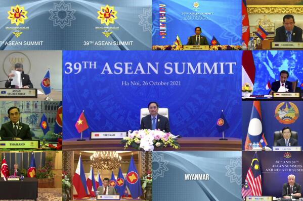 In this image released on Tuesday, Oct. 26, 2021, by Brunei ASEAN Summit in Bandar Seri Begawan, Brunei, Vietnam's Prime Minister Pham Minh Chinh, center, speaks in the virtual meeting of Association of Southeast Asian Nations (ASEAN) summit with the leaders member​ states. Southeast Asian leaders began their annual summit without Myanmar on Tuesday amid a diplomatic standoff over the exclusion of the leader of the military-ruled nation from the group's meetings. An empty box of Myanmar is seen at bottom second from right. (Brunei ASEAN Summit via AP)