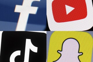 FILE - This combination of 2017-2022 photos shows the logos of Facebook, YouTube, TikTok and Snapchat on mobile devices. Teen usage of social media hasn’t dropped much despite rising concerns about its effects on the mental health of adolescents. That's according to a new survey from the Pew Research Institute. But the data also found that roughly one in six teens describe their use of two platforms — YouTube and TikTok — as “almost constant.” Seventy-one percent of teens said they visit YouTube at least daily; 16% described their usage as “almost constant” according to the survey. A slightly larger group — 17% — said they used TikTok almost constantly. (AP Photo, File)