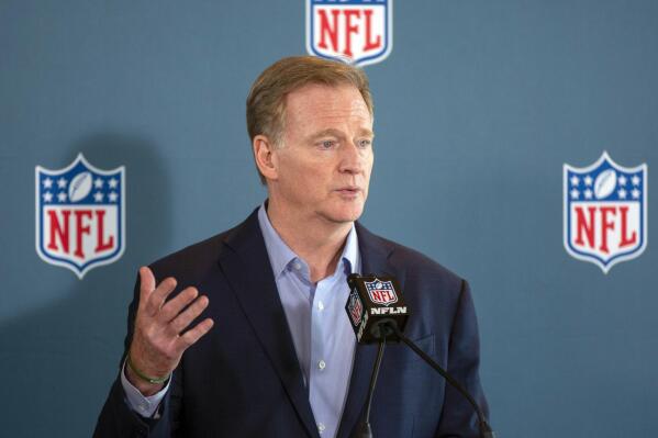 CORRECTS SPELLING OF LAST NAME TO GOODELL, NOT GODELL - NFL Commissioner Roger Goodell addresses the media at the NFL Owners Meetings at the Omni Hotel, Tuesday, May 23, 2023 in Eagan, Minn. (AP Photo/Andy Clayton-King)