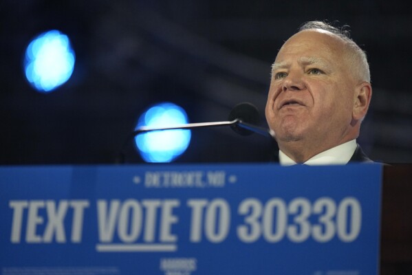 Democratic vice presidential nominee Minnesota Gov. Tim Walz speaks at a campaign rally, Monday, Nov. 4, 2024, in Detroit. (AP Photo/Charlie Neibergall)