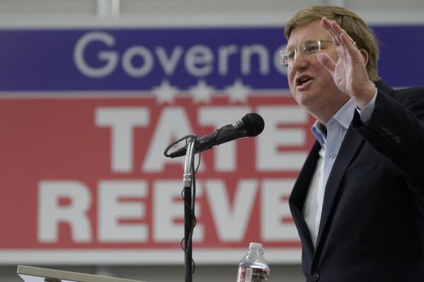 Mississippi Republican Gov. Tate Reeves addresses supporters at a rally at Stribling Equipment in Richland, Miss., Wednesday, May 3, 2023. Reeves is seeking reelection to a second term. (AP Photo/Rogelio V. Solis)