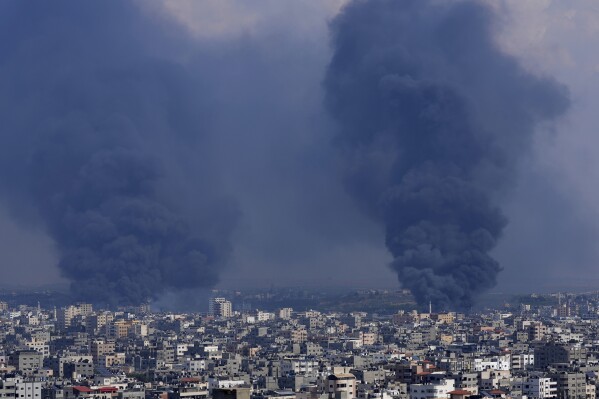 Smoke rises following Israeli airstrikes in Gaza City, Wednesday, Oct. 11, 2023. (AP Photo/Adel Hana)