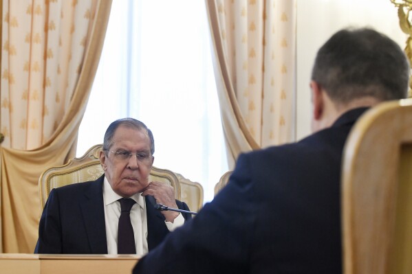 Russian Foreign Minister Sergey Lavrov attends a meeting with his Serbian counterpart Ivica Dacic in Moscow, Russia, Thursday, March 21, 2024. (Olga Maltseva /Pool Photo via AP)
