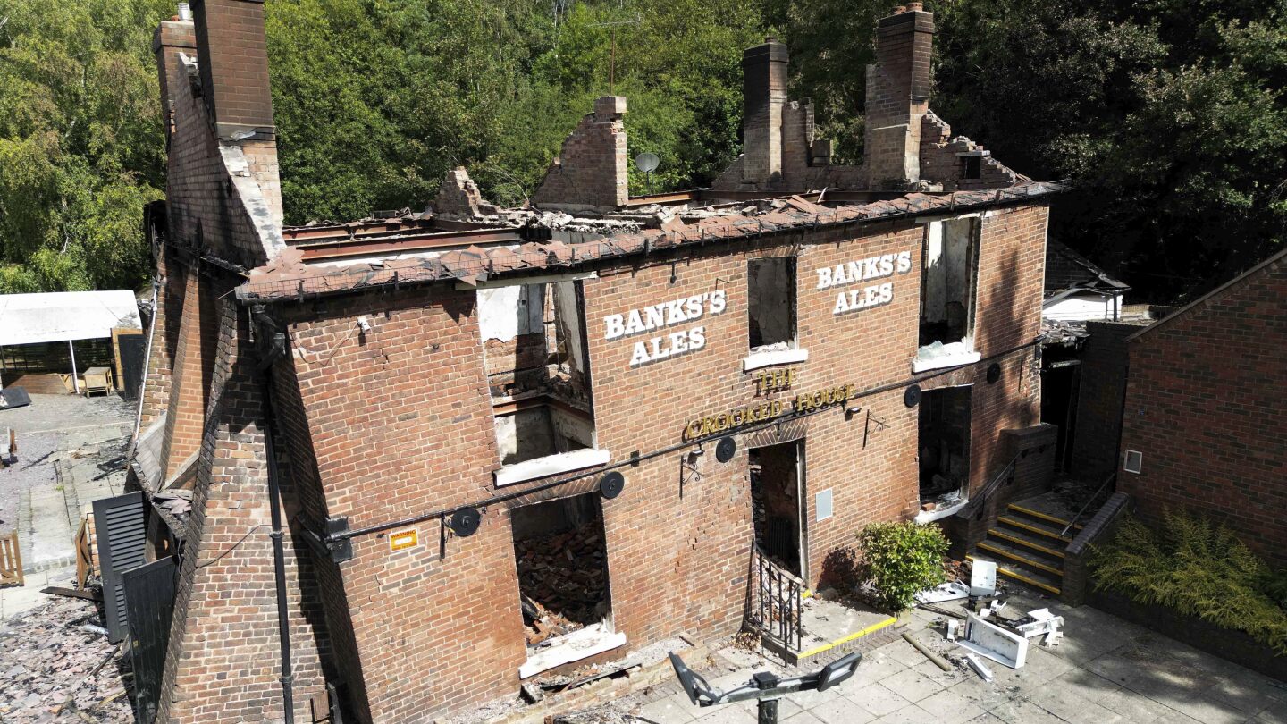 The burnt out remains of The Crooked House pub near Dudley, England, on July 8,, 2023. The owners of a quirky 18th century British pub destroyed in a fire last year have been ordered by a local council to rebuild it, keeping with its previous lopsided specifications. The watering hole — known as the Crooked House for its leaning walls and tilting foundation — in the village of Himley in central England, was gutted by a fire and subsequently demolished last August. (Jacob King/PA via AP)