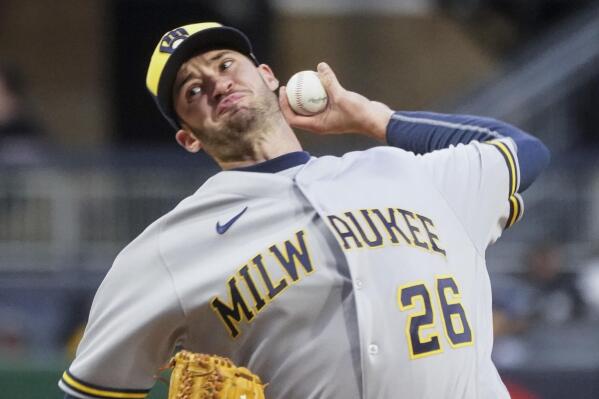 Milwaukee Brewers starter Aaron Ashby pitches against the Pittsburgh Pirates during the fifth inning of a baseball game Wednesday, April 27, 2022, in Pittsburgh. (AP Photo/Keith Srakocic)