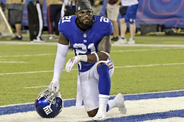 
              FILE - In this Sept. 30, 2018, file photo, New York Giants' Landon Collins kneels in the end zone during an NFL football game against the New Orleans Saints in East Rutherford, N.J. A person with knowledge of the move says the Washington Redskins have agreed to sign safety Landon Collins to an $84 million, six-year deal with $45 million guaranteed. The person spoke to The Associated Press on condition of anonymity Monday, March 11, 2019 because the deal cannot become official until free agency opens Wednesday. The deal is worth roughly $14 million a season.  (AP Photo/Bill Kostroun, File)
            