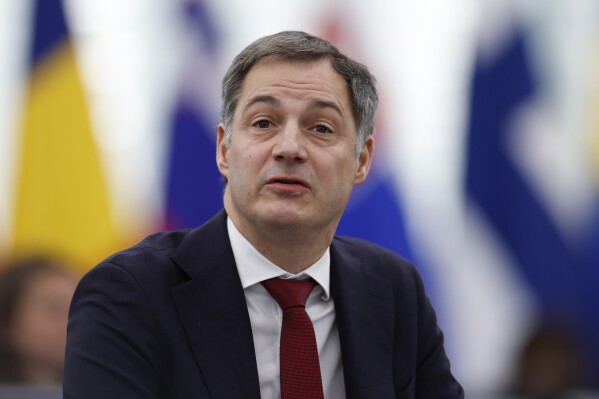 FILE - Belgium's Prime Minister Alexander De Croo delivers his speech at the European Parliament, Tuesday, Jan. 16, 2024 in Strasbourg, eastern France. Belgian voters return to the polls on Sunday, June 9, 2024, amid an expected rise of both the far-right and the far-left. (AP Photo/Jean-Francois Badias, File)