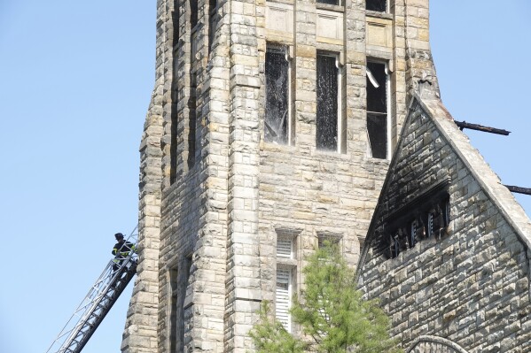 The historic Clayborn Temple, a landmark from the civil rights movement with ties to Martin Luther King, caught fire Monday, April 28, 2025, in Memphis, Tenn. (AP Photo/Karen Pulfer Focht)