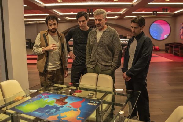 This image released by Max shows, from left, Ramy Youssef, Cory Michael Smith, Steve Carell and Jason Schwartzman in a scene from "Mountainhead." (Max via AP)