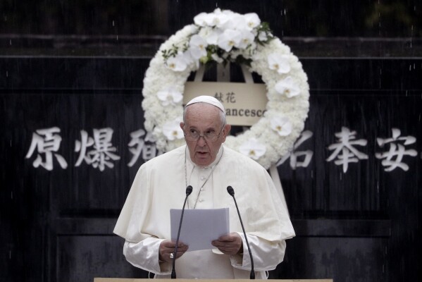 Pope Francis delivers his speech at the Atomic Bomb Hypocenter Park, Nov. 24, 2019, in Nagasaki, Japan. (AP Photo/Gregorio Borgia, file)