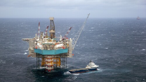 FILE - In this Feb. 16, 2016 file photo, a view of a supply ship at the Edvard Grieg oil field, in the North Sea. Norway has given the green light to 19 oil and gas projects on the Norwegian continental shelf, saying the total investments are worth over 200 billion kroner ($19 billion). Terje Aasland, Norway’s minister for petroleum and energy said they “are also an important contribution to Europe’s energy security.” (Hakon Mosvold Larsen, NTB Ccanpix via AP, File)