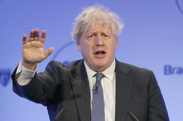 Former British Prime Minister Boris Johnson speaks during the Global Soft Power Summit, at the Queen Elizabeth II Conference Centre in London, Thursday March 2, 2023. Johnson on Thursday poured cold water on current premier Rishi Sunak’s new Brexit deal with the European Union, saying he would “find it hard” to vote for it in Parliament. (Jonathan Brady/PA via AP)