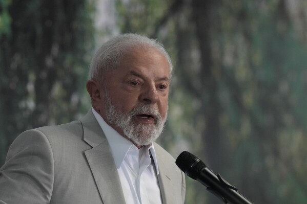 Brazil's President Luiz Inacio Lula Da Silva gives a statement to the media at the end of the Amazon Summit, at the Hangar Convention Center in Belem, Brazil, Wednesday, Aug. 9, 2023. Belem hosted the Amazon Cooperation Treaty Organization that met to chart a common course for protection of the bioregion, and to address organized crime. (AP Photo/Eraldo Peres)
