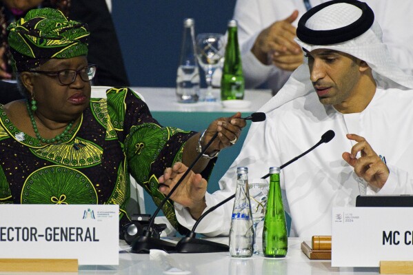 Emirati Minister of State for Foreign Trade Thani bin Ahmed al-Zeyoudi, right, prepares to speak into a microphone provided by World Trade Organization Director-General Ngozi Okonjo-Iweala at a WTO summit in Abu Dhabi, United Arab Emirates, Monday, Feb. 26, 2024. The World Trade Organization opened its biennial meeting Monday in the United Arab Emirates as the bloc faces pressure from the United States and other nations ahead of a year of consequential elections around the globe. (AP Photo/Jon Gambrell)