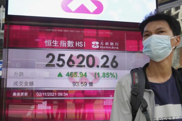 A man wearing a face mask walks past a bank's electronic board showing the Hong Kong share index in Hong Kong, Tuesday, Nov. 2, 2021. Asian shares were mixed Tuesday amid cautious trading ahead of a policy meeting by the U.S. Federal Reserve. (AP Photo/Kin Cheung)