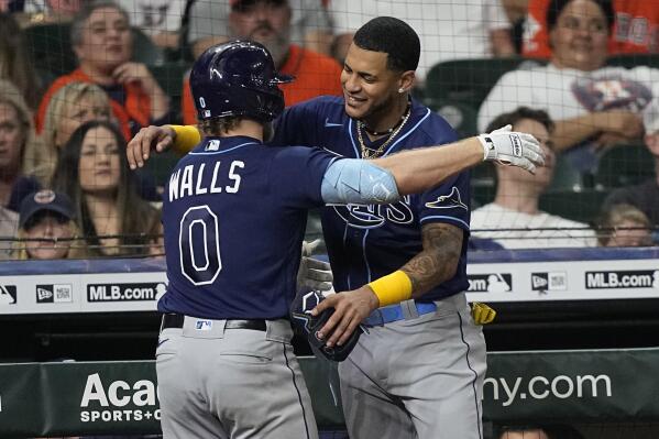 Tampa Bay Rays' Jose Siri poses for photographs after hitting a