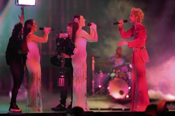 Ziferblat from Ukraine performs the song "Bird of Pray" during the dress rehearsal for the first semi-final of the 69th Eurovision Song Contest, in Basel, Switzerland, Monday, May 12, 2025. (AP Photo/Martin Meissner)