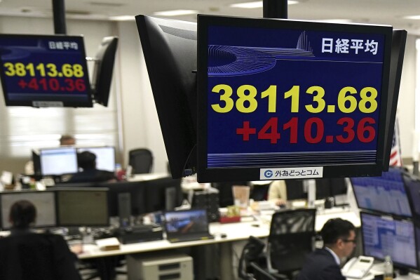 Monitors show Nikkei stock index, yellow, at a foreign exchange trader's company in Tokyo, Thursday, Feb. 15, 2024. Shares rose in Asia on Thursday after Wall Street stocks recovered much of their sharp losses from a day before.(Kyodo News via AP)