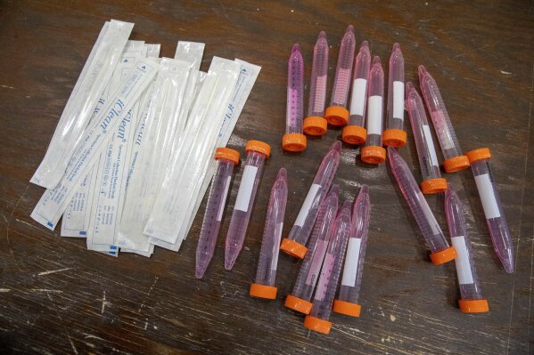 FILE - In this May 13, 2020 file photo, test swabs and specimen tubes sit on a table at a COVID-19 testing site at the Abyssinian Baptist Church in the Harlem neighborhood of New York. (AP Photo/Mary Altaffer, File)