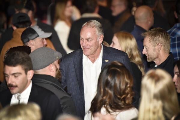 Ryan Zinke talks with supporters at his election night party in Whitefish, Mont., Tuesday, Nov. 8, 2022./Independent Record via AP)
