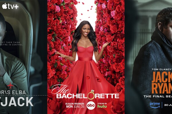 This combination of images shows promotional art for the Apple TV+ series "Hijack," left, the ABC romance reality series "The Bachelorette," center, and the Amazon Prime series "Jack Ryan." (Apple TV+/ABC/Amazon Prime via AP)