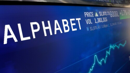 FILE - In this Feb. 14, 2018, file photo the logo for Alphabet appears on a screen at the Nasdaq MarketSite in New York. Alphabet reports earnings on Tuesday July 25, 2023. (AP Photo/Richard Drew, File)