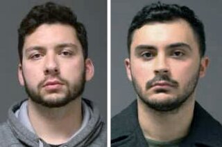 FILE - These 2019 file booking photos provided by the University of Connecticut Police Department show UConn students Jarred Mitchell Karal, left, and Ryan Mucaj, who were arrested in 2019 for shouting a racial slur outside a campus apartment complex. They were charged under a 1917 law that makes it a misdemeanor for anyone who ridicules or holds up to contempt certain classes of people. Professors and groups including the American Civil Liberties Union raised free speech concerns after the arrests. A public hearing is scheduled for Friday, Feb. 21, 2020, on a bill before the state legislature's Judiciary Committee that would repeal the law. (UConn Police Department via AP, File)