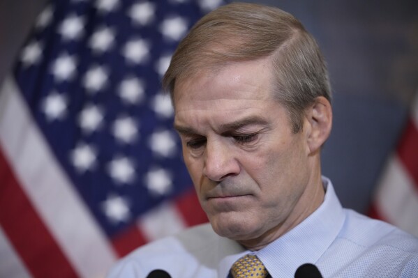 Rep. Jim Jordan, R-Ohio, House Judiciary chairman and staunch ally of Donald Trump, meets with reporters about his struggle to become speaker of the House, at the Capitol in Washington, Friday, Oct. 20, 2023. (AP Photo/J. Scott Applewhite)