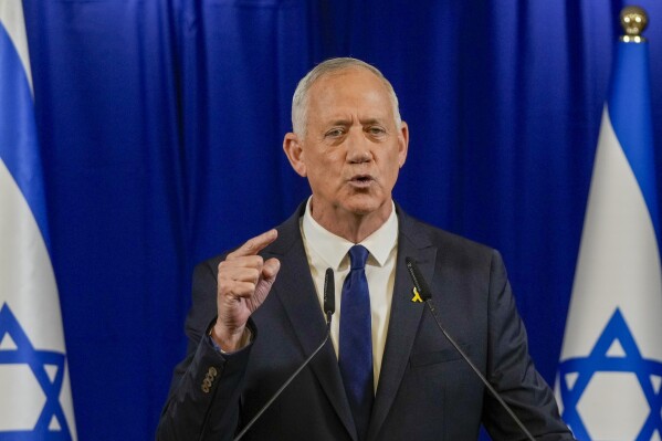 Benny Gantz, a centrist member of Israel's three-member War Cabinet announces his resignation in a statement in Ramat Gan, Israel, Sunday, June 9, 2024. Gantz Sunday's move does not immediately pose a threat to Prime Minister Benjamin Netanyahu, who still controls a majority coalition in parliament. (ĢӰԺ Photo/Ohad Zwigenberg