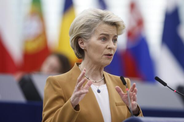 President of the European Commission Ursula Von der Leyen delivers her speech during a debate preparing the next European Council meeting, Wednesday, March 15, 2023 in Strasbourg, eastern France. (AP Photo/Jean-Francois Badias)