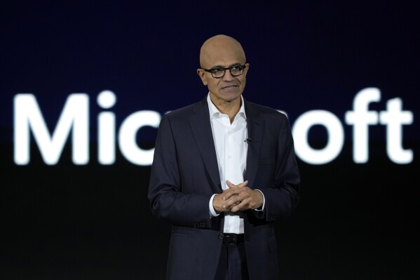 Microsoft CEO Satya Nadella speaks during an event titled "Microsoft Build: AI Day" in Jakarta, Indonesia, Tuesday, April 30, 2024. Microsoft will invest $1.7 billion over the next four years in new cloud and artificial intelligence infrastructure in Indonesia — the single largest investment in Microsoft's 29-year history in the country — Nadella said Tuesday. (AP Photo/Dita Alangkara)