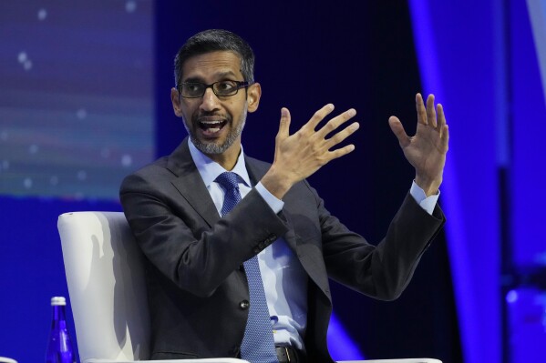 Sundar Pichai, CEO of Google and Alphabet, takes part in a discussion entitled 