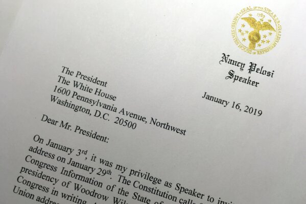 
              A portion of a letter sent to President Donald Trump from House Speaker Nancy Pelosi, Wednesday, Jan. 16, 2019 in Washington. Pelosi has asked President Trump to postpone his State of the Union address to the nation, set for Jan. 29, until the government reopens. 
 (AP Photo/Wayne Partlow)
            