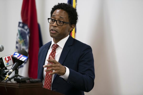 St. Louis County prosecuting attorney Wesley Bell announces Thursday, July 30, 2020, that no charges will be filed against former Ferguson, Mo., police officer Darren Wilson for shooting and killing Michael Brown Jr. on August 9, 2014 in Clayton, Mo. Bell said his administration reopened the case and spent five months reinvestigating.  (Chris Kohley/St. Louis Post-Dispatch via AP)