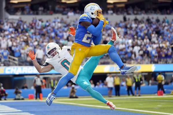 FILE - Los Angeles Chargers cornerback J.C. Jackson (27) intercepts a pass in the end zone intended for Miami Dolphins wide receiver Braxton Berrios during the second half of an NFL football game Sept. 10, 2023, in Inglewood, Calif. After practic Thursday, Sept. 28, 2023, Jackson quickly tried to pivot to Sunday's matchup against the Las Vegas Raiders, even though many are still wondering why he was inactive for last week's game at Minnesota. (AP Photo/Ashley Landis, File)