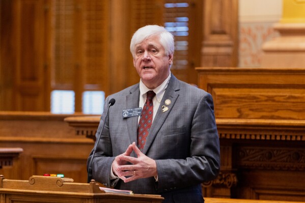 State Sen. Bill Cowsert, R-Athens, speaks on school safety bill HB 268 at the Senate in the Capitol in Atlanta, Monday, March 31, 2025. (Arvin Temkar/Atlanta Journal-Constitution via AP)