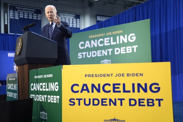 President Joe Biden delivers remarks on student loan debt at Madison College, Monday, April 8, 2024, in Madison, Wis. (AP Photo/Evan Vucci)