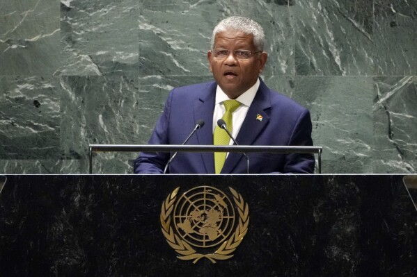 Seychelles President Wavel Ramkalawan addresses the 78th session of the United Nations General Assembly, Wednesday, Sept. 20, 2023. (AP Photo/Richard Drew)