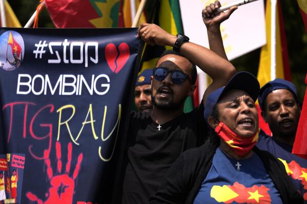 Members of the Tigrayan community protest against the conflict between Ethiopia and Tigray rebels in Ethiopia's Tigray region, outside the the United Arab Emirates embassy in Pretoria, South Africa, Wednesday, Oct. 12, 2022. Tigray rebels and Ethiopia’s federal government were scheduled to participate in African Union-brokered peace talks in South Africa on Oct. 8 but they were delayed while logistical issues and security arrangements are being ironed out. (AP Photo/Themba Hadebe)