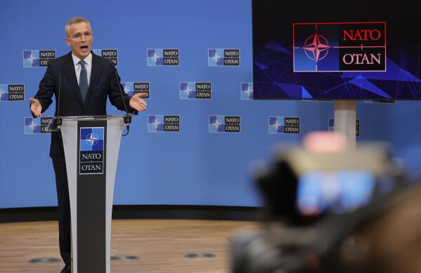 NATO Secretary General Jens Stoltenberg speaks during a media conference after a meeting of NATO defense ministers at NATO headquarters in Brussels, Thursday, Feb. 17, 2022. U.S. Defense Secretary Lloyd Austin and his NATO counterparts held talks on Thursday with ministers from Ukraine and Georgia, as Russia's military buildup around Ukraine fuels one of Europe's biggest security crises in decades. (AP Photo/Olivier Matthys)